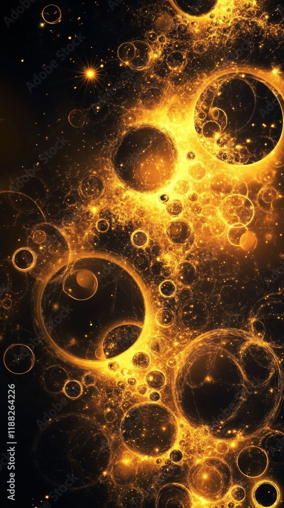 Poster a mesmerizing abstract image featuring glowing gold bubbles against a dark backdrop, creating a sens