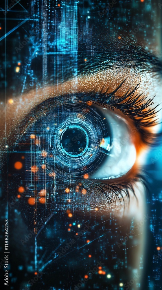 Poster close-up of a human eye with digital interface elements representing technology and innovation.