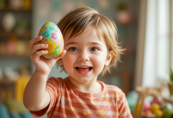 Smiling child holding a colorful Easter egg with floral patterns, radiating joy in a cozy indoor setting