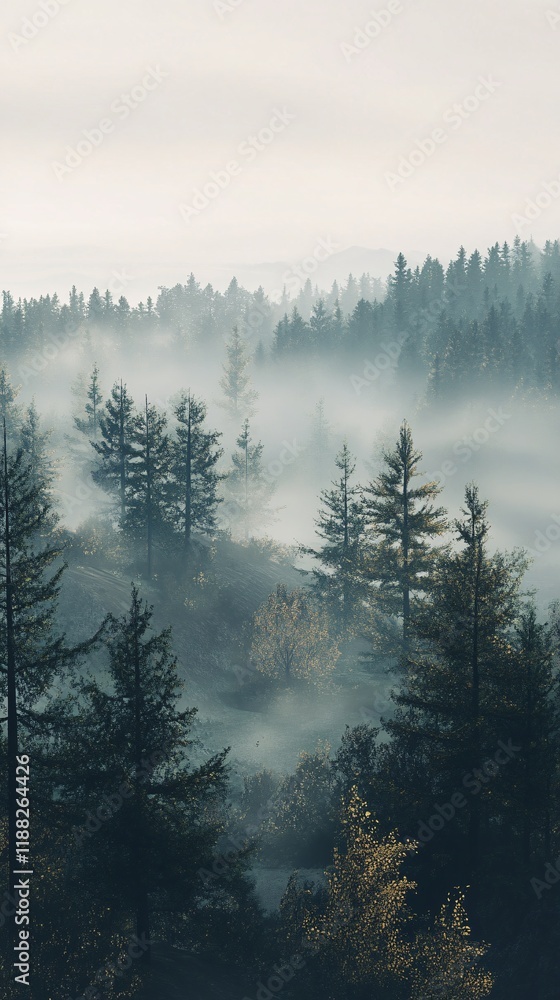 Poster misty forest landscape with dense trees and soft fog creating a tranquil atmosphere.