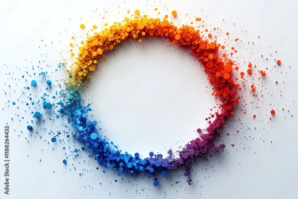 Poster abstract colorful circle: a vibrant spectrum of spheres forming a circular frame on a white backgrou