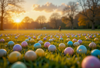 Colorful Easter eggs scattered on a grassy field at sunrise with soft light, surrounded by trees and a peaceful springtime atmosphere