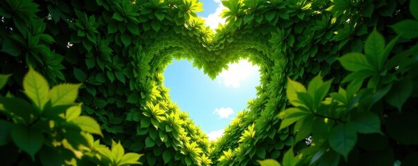 Obraz premium Sunlit heart-shaped opening in lush green forest canopy, blue sky visible, landscape, light