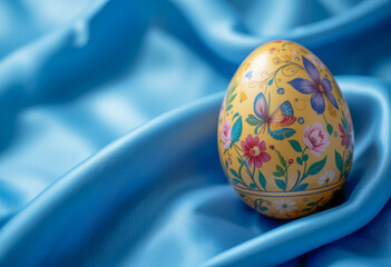 Vibrant yellow Easter egg adorned with intricate butterfly and floral designs, placed on luxurious blue fabric for a colorful and artistic spring aesthetic