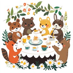 Naklejka premium A delightful gathering of cute woodland animals enjoying a tea party in nature.