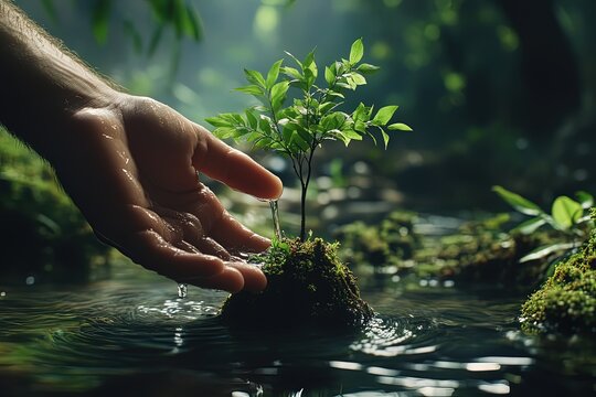 A male hand nurturing a small tree with water, surrounded by a healthy, thriving green environment.