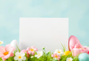 Blank white card with pastel Easter eggs and colorful spring flowers on a grassy foreground against a soft blue background