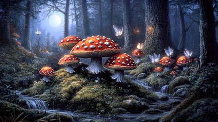 Mesmerizing Scene of Bright Red Mushrooms with White Spots Set in a Mystical and Enchanting Forest Full of Wonder
