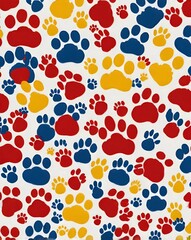 Fototapeta premium Cat and dog paw print seamless pattern colorful vector on white background 