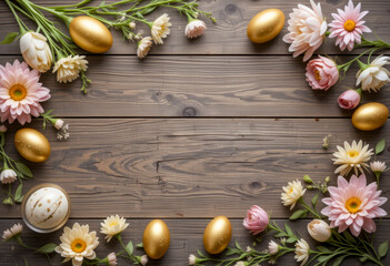 Wooden background decorated with golden Easter eggs and fresh pink and white spring flowers