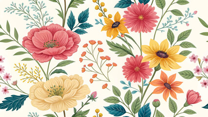 Vibrant flowers bloom across a light background, showcasing a variety of colors and shapes. Foliage intertwines among the blossoms, creating a lush and lively garden scene.AI