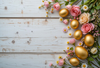 White wooden background decorated with golden Easter eggs, pink roses, and spring flowers