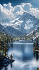 Breathtaking mountain landscape featuring a serene lake, dense pine forests, and majestic snow-capped peaks under a vibrant sky.