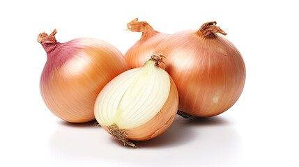 Two whole yellow onions and one half onion on white background