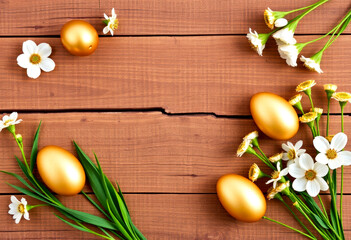 Rustic wooden background decorated with golden Easter eggs and white spring flowers