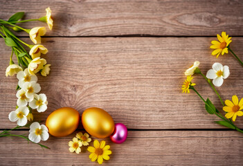 Wooden background with golden Easter eggs, pink egg, and yellow and white spring flowers