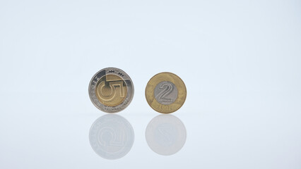 Close-up of  5 and 2 Polish zloty coins arranged on a glossy white surface 
