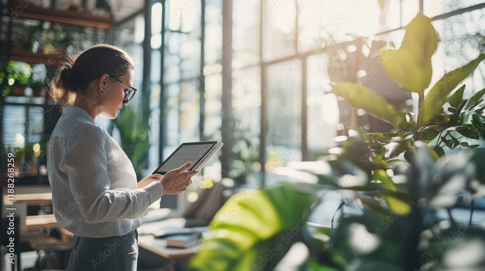 Poster a scene of a remote worker in a bright and airy space, utilizing a tablet to manage tasks.