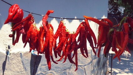 Peppers Dried Hanging Closeup Vivid Red Sunny Outdoor Natural Daylight