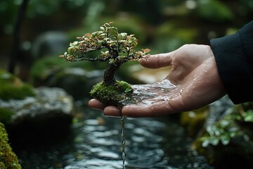A male hand nurturing a small tree with water, surrounded by a healthy, thriving green environment.