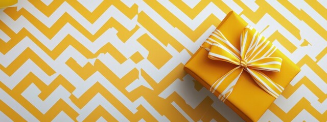 Yellow Gift Box on Chevron Patterned Paper Festive Background