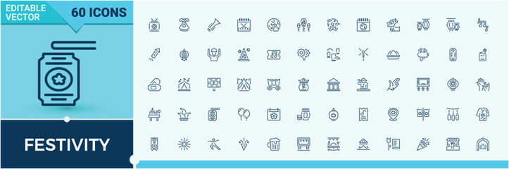 Festivity linear icon collection. Contains related to ball, alcohol, firework, party, music and more. Thin linear style icons. Editable stroke. Vector illustration.