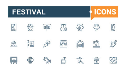 Festival linear icon collection. Related to celebration, festival, hippie, decoration, firework, and, graphic and more. Set of line pictogram. Editable vector illustration.