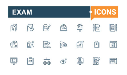 Exam Barber icons set. Includes thin line question, mark, d, training, pass, questionnaire and more. Perfect for logos and infographics. Editable vector icon and illustration.