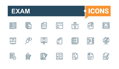 Exam Barber icons set. Includes thin line question, mark, d, training, pass, questionnaire and more. Perfect for logos and infographics. Editable vector icon and illustration.