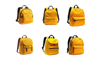 Yellow school backpack isolated on white background.