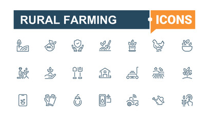Rural Farming icons set in linear style. Containing barn, garden, icon, grain, veg, farming, farm, cow. Collection for mobile and web apps. Vector illustration in modern line style.