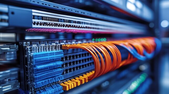 Close-up of network server cables and connections in data center