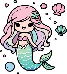 Cute cartoon girl mermaid with long hair, a smiling face