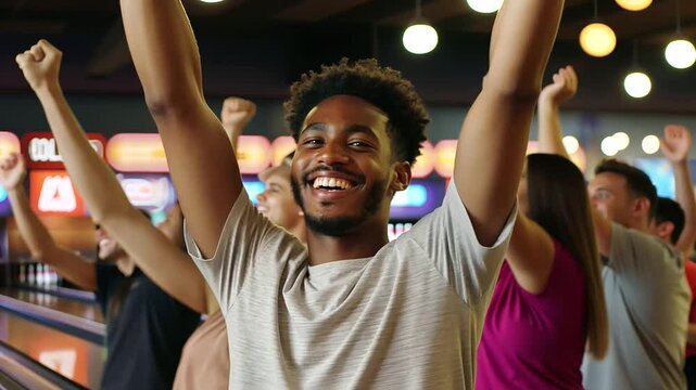 Bowling Night With Friends Cheering For A Strike