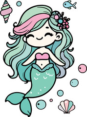 Cute cartoon girl mermaid with long hair, a smiling face