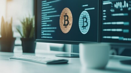 Modern workspace featuring Bitcoin transaction analysis on computer screens, showcasing digital currency, financial data, and innovative technology in a minimalist office setting.