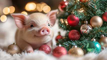 Adorable piglet beside miniature Christmas tree festive ornaments holiday decoration joyful heartwarming vibe cute vet soft baby home interior invitation greeting card photography kids children story