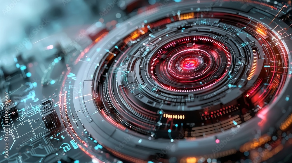 Poster futuristic red and blue technology interface with circuit design and motion blur