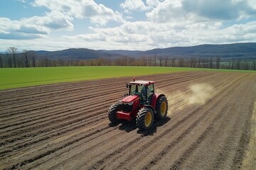 Red tractor plowing a large field on a sunny day with blue sky and clouds