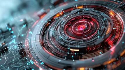 Futuristic red and blue technology interface with circuit design and motion blur