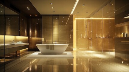 A luxurious master bathroom with a freestanding tub and large glass shower.