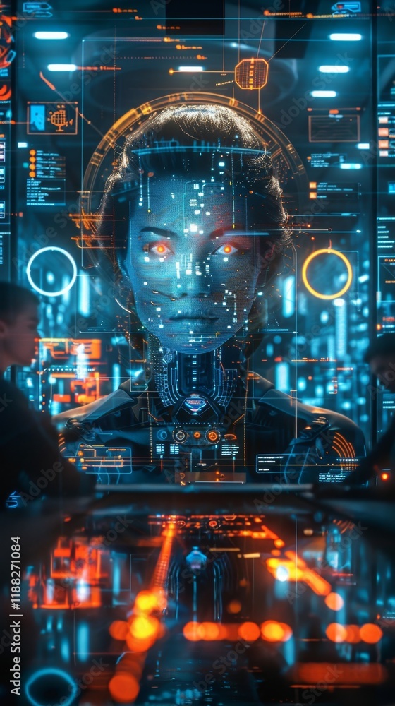 Poster futuristic control room with advanced ai interface during a high-tech operation at night