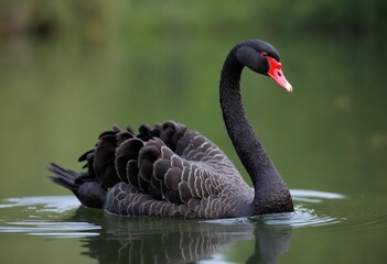 Fototapeta premium A black swan is swimming in a pond