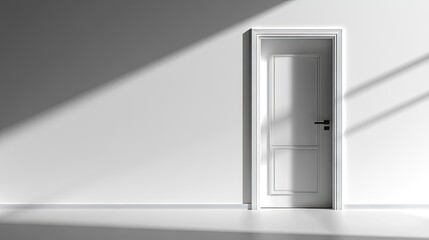 A minimalist white room with clean walls, a simple door, and natural light streaming through the window.