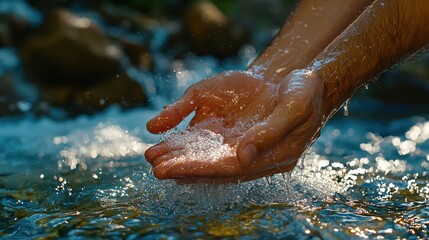 Fototapeta premium A person gently scoops water with their hands from a flowing stream, capturing the essence of nature and tranquility.