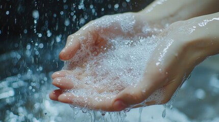 Fototapeta premium A close-up of hands cupping water, capturing the sparkling droplets as they cascade, symbolizing purity and the essence of life.