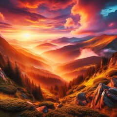 A breathtaking mountain landscape during sunset, vibrant colors, ultra-realistic
