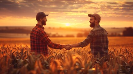 Two farmers celebrating a successful agreement in a corn field with handshake of satisfaction