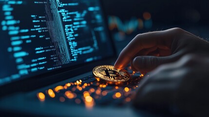 Close-up of a hand holding a Bitcoin over a glowing laptop keyboard, representing cryptocurrency, blockchain technology, cybersecurity, and digital asset management.