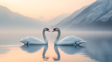 Fototapeta premium Two Swans Forming a Heart Shape on a Misty Lake